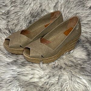 Tory Burch Espadrille Peep-Toe Wedges in Taupe — size 7